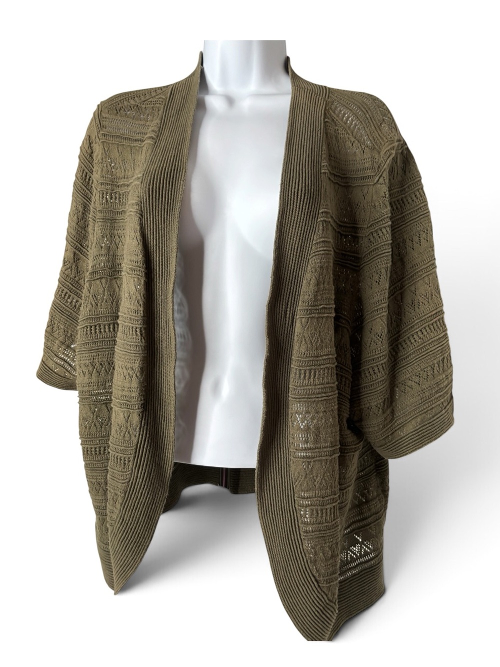 Catherines Olive Open-Front Cotton Knit Cropped Cardigan Elbow Sleeve SZ 2X